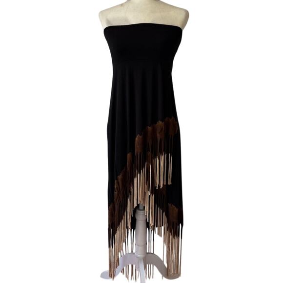 Western Black Brown Ombre Fringe High Low Jersey Skirt Strapless Dress Size XL - Picture 5 of 10